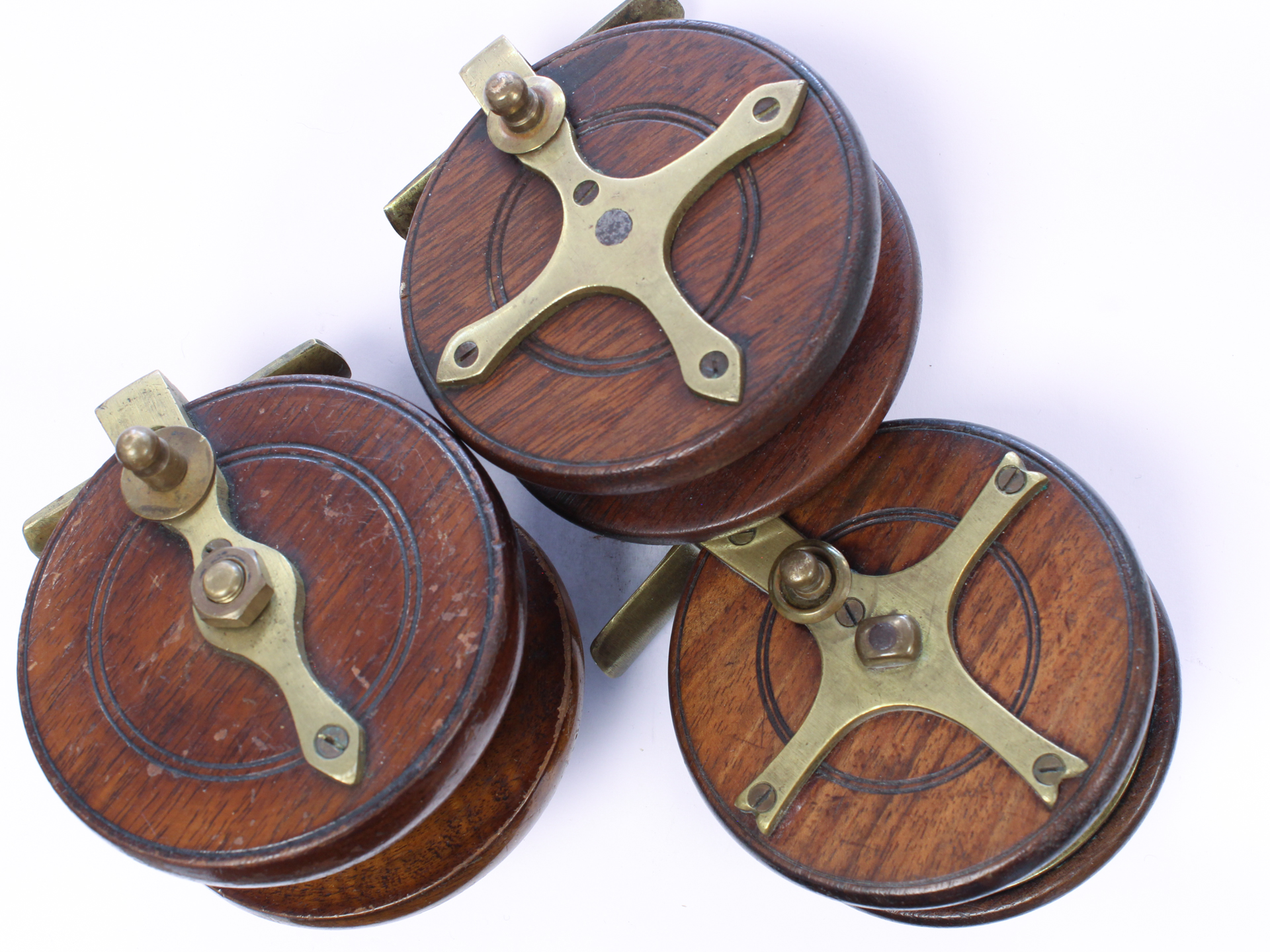 3 x Unknown brass wood Nottingham 3 1/2 " Casting reel - Image 2