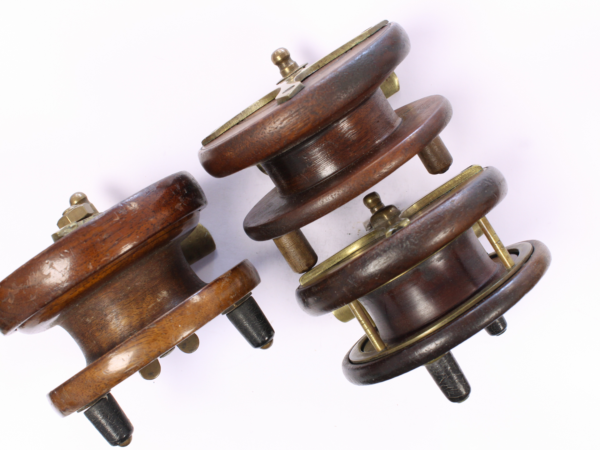 3 x Unknown brass wood Nottingham 3 1/2 " Casting reel - Image 3