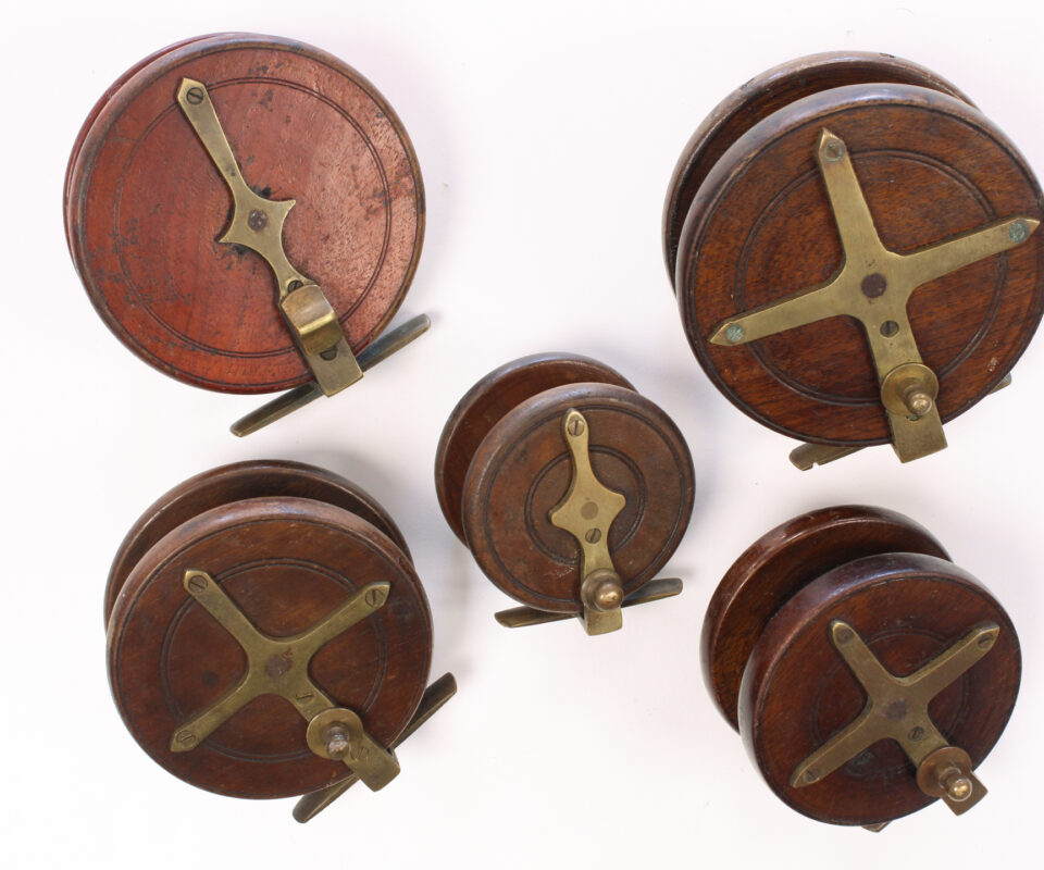   5 x wood and brass Nottingham 3 " - 4 1/2 " casting reel