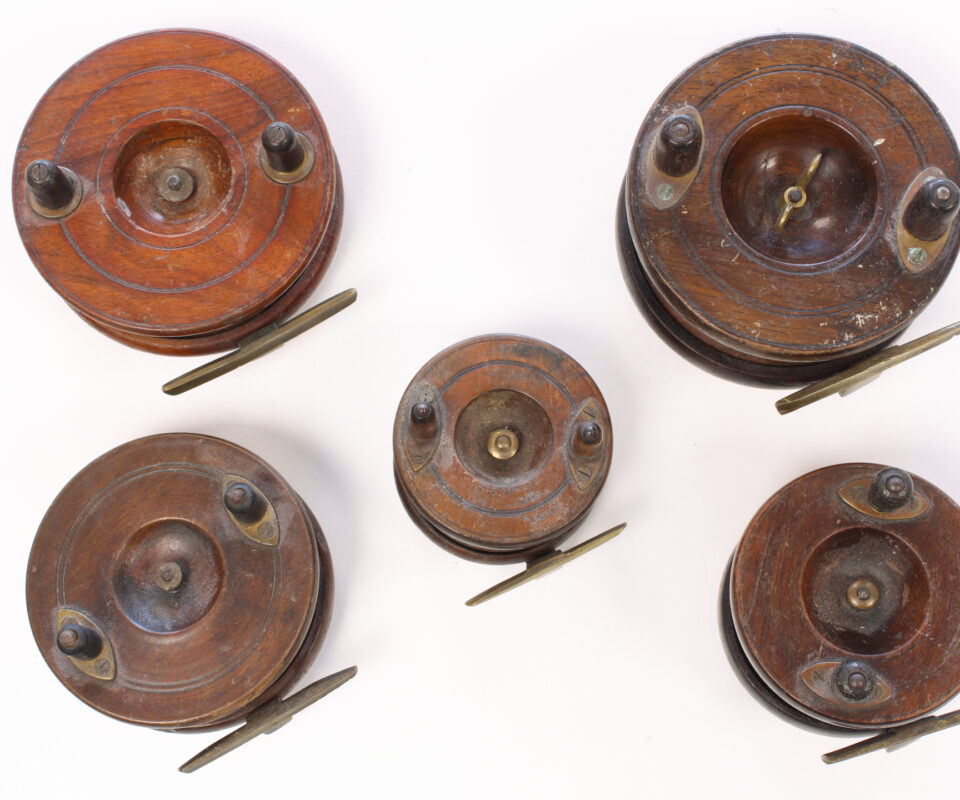 Alternative view of 5 x wood and brass Nottingham 3 " - 4 1/2 " casting reel