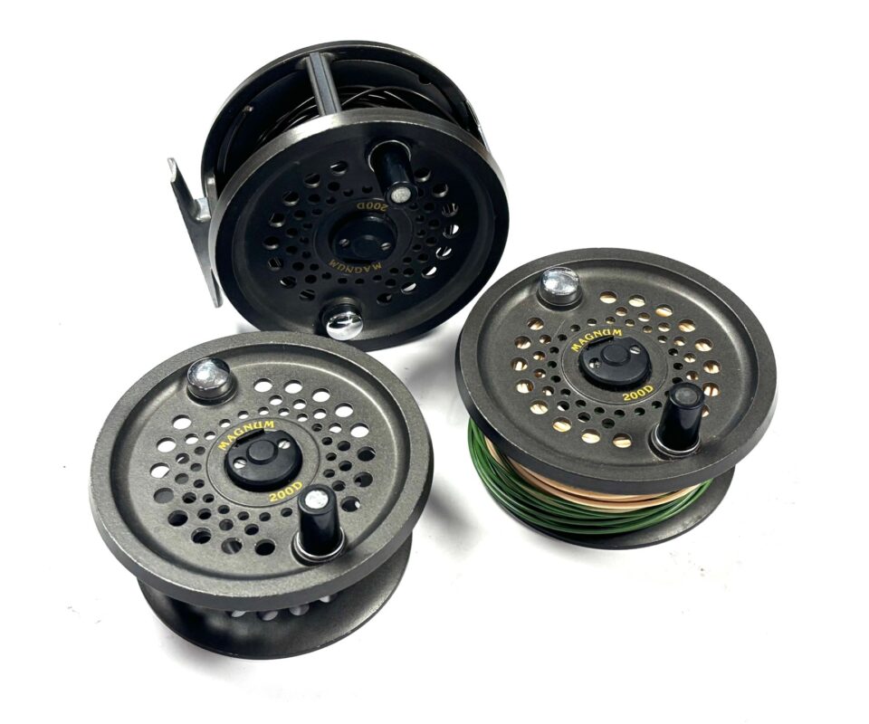   British Fly Reels Magnum 200D disc drag salmon fly reel, with two spare spools & lines