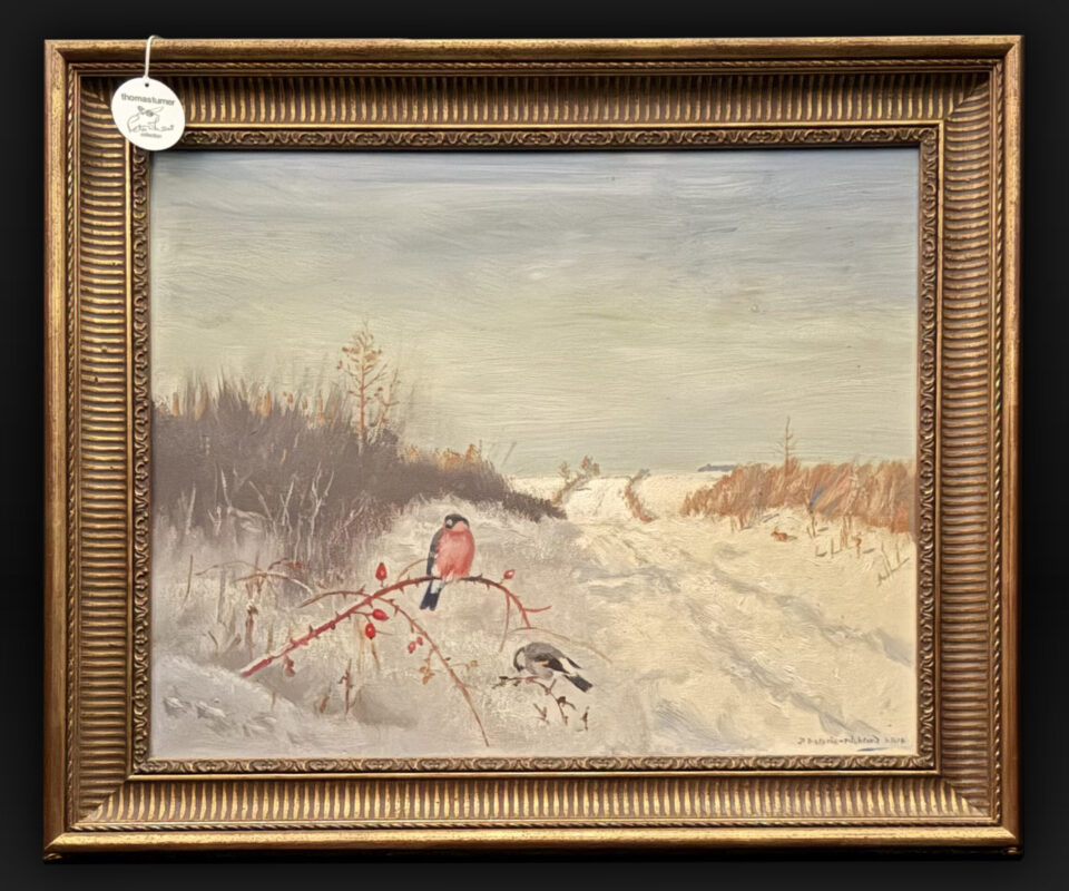 Original Oil Painting by Denys Watkins Pitchford.  'B.B.' Bullfinch Pair on a Snowy Lane  in Northamptonshire