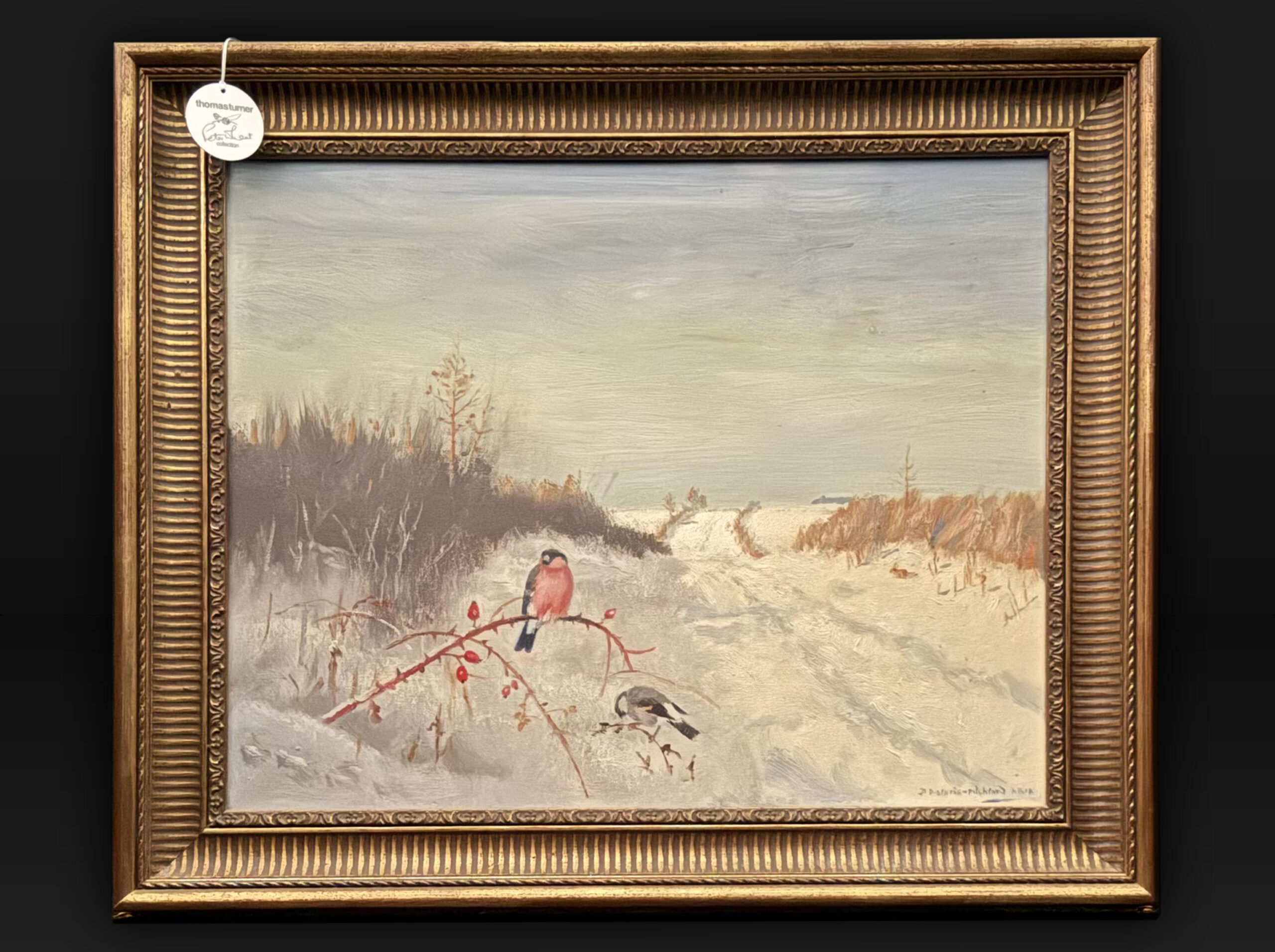 Original Oil Painting by Denys Watkins Pitchford. 'B.B.' Bullfinch Pair on a Snowy Lane in Northamptonshire