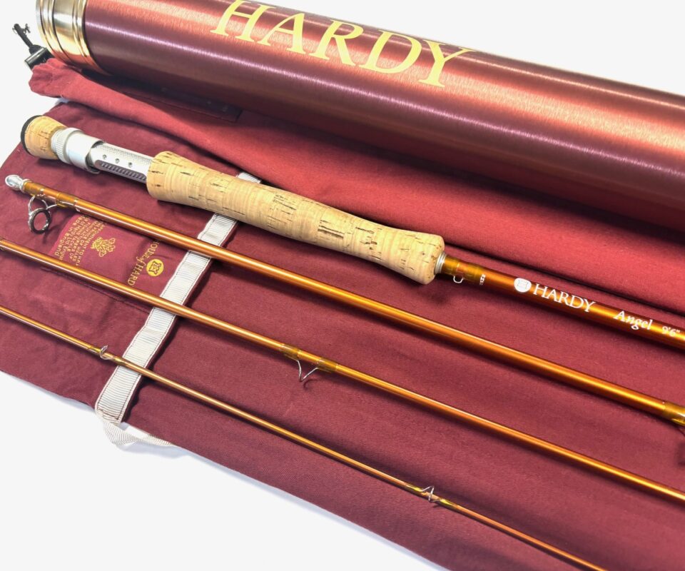   Hardy Angel 9’ 6″ four piece carbon travel fly rod #7, fine with bag and alloy Hardy tube