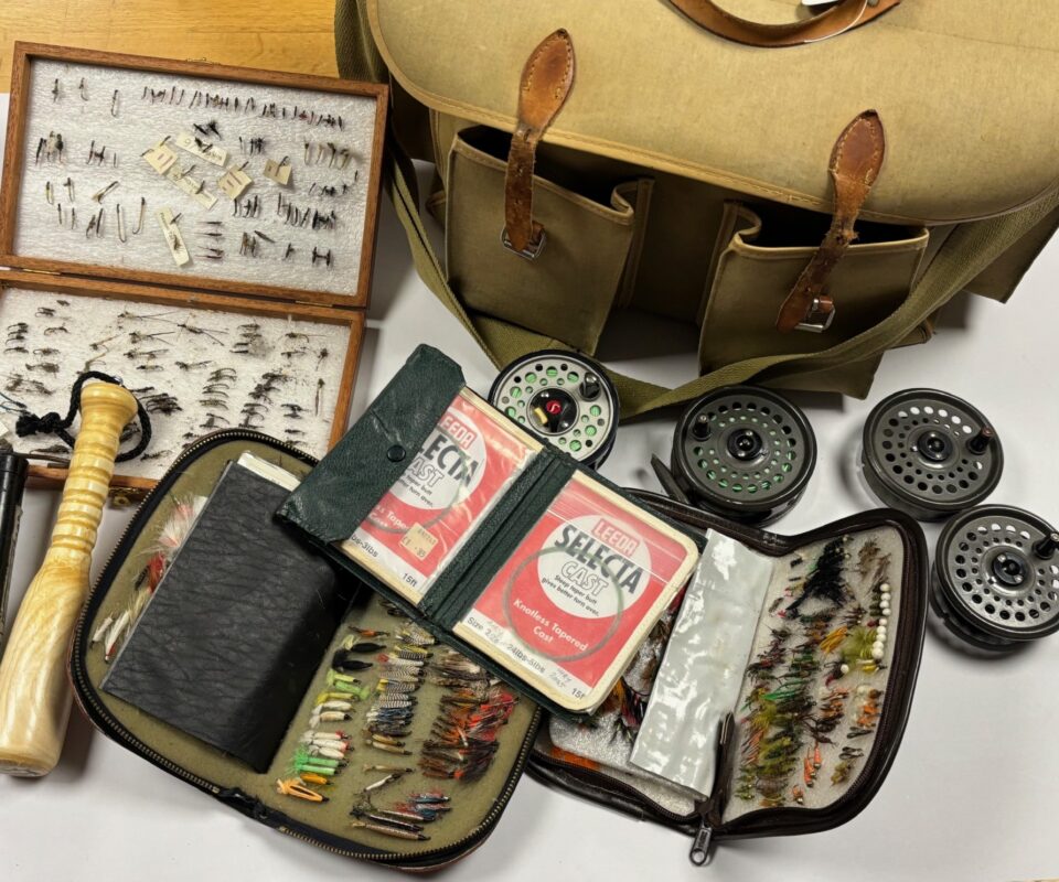 Fishing Bag With Flies, Reels, Priests With Letter etc Part Of The Peter Wheat Collection
