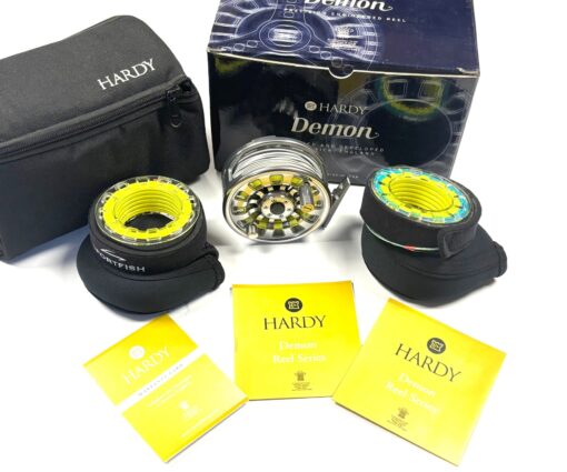 Hardy Demon 5000 large arbor fly reel, 2 spare spools, padded case & Box