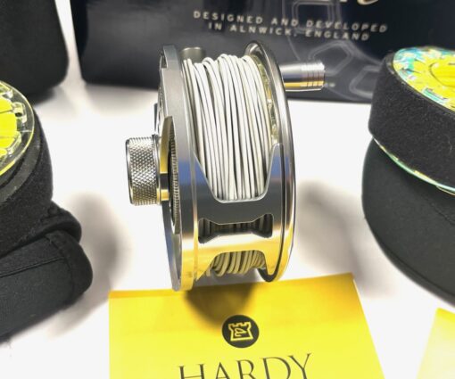 Hardy Demon 5000 large arbor fly reel, 2 spare spools, padded case & Box