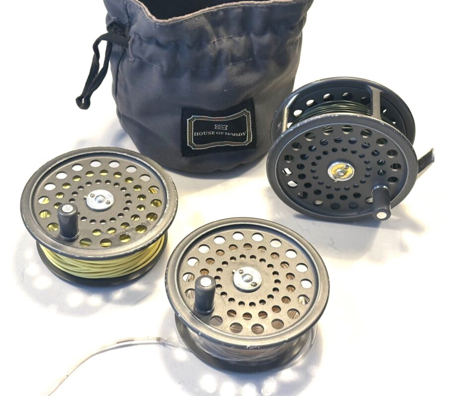 Hardy JLH 4″ salmon fly reel No 347 with Two Spare Spools & Hardy Drawstring Bag